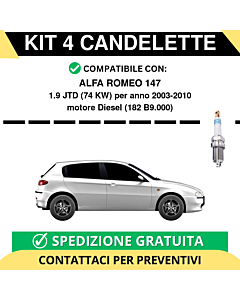 KIT 4 CANDELETTE per ALFA ROMEO 147 1.9 JTD 74 kw anno 2003-2010
