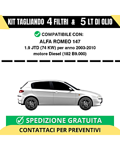 Tagliando per ALFA ROMEO 147 1.9 JTD 74 kw Diesel 2003-2010 - 5 Lt di olio + 4 Filtri
