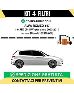 Kit 4 Filtri Tagliando per ALFA ROMEO 147 1.9 JTD 74 kw Diesel 2003-2010