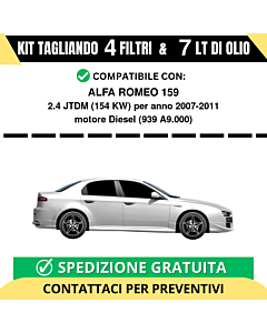Tagliando per ALFA ROMEO 159 2.4 JTDM 154 kw Diesel 2007-2011 - 7 Lt di olio + 4 Filtri