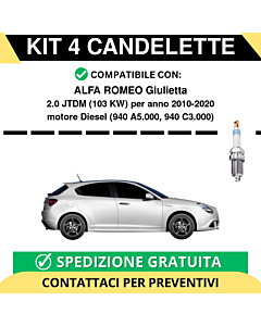 KIT 4 CANDELETTE per ALFA ROMEO Giulietta 2.0 JTDM 103 kw anno 2010-2020