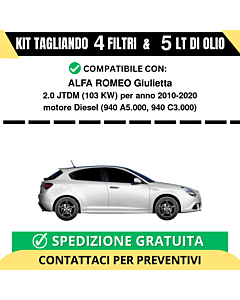 Tagliando per ALFA ROMEO Giulietta 2.0 JTDM 103 kw Diesel 2010-2020 - 5 Lt di olio + 4 Filtri