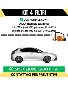 Kit 4 Filtri Tagliando per ALFA ROMEO Giulietta 2.0 JTDM 103 kw Diesel 2010-2020