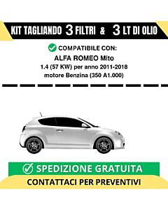 Tagliando per ALFA ROMEO Mito 1.4 57 kw Benzina 2011-2018 - 3 Lt di olio + 3 Filtri
