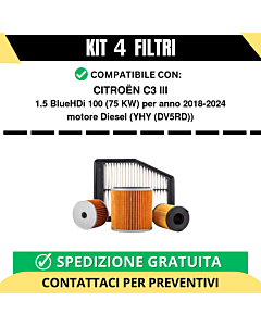 Kit 4 Filtri Tagliando per CITROËN C3 III 1.5 BlueHDi 100 75 kw Diesel 2018-2024
