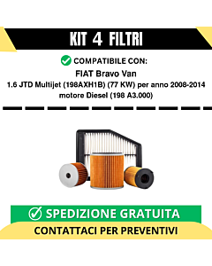 Kit 4 Filtri Risparmio per FIAT Bravo Van 1.6 JTD Multijet (198AXH1B) 77 kw Diesel 2008-2014