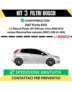 KIT BOSCH 3 Filtri tagliando per FIAT Punto EVO 1.4 Natural Power 57 kw Benzina/Gas naturale (GNC) 2009-2012