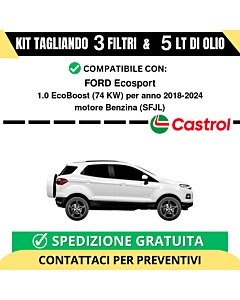 Tagliando per FORD Ecosport 1.0 EcoBoost 74 kw Benzina 2018-2024 - 5 Lt di CASTROL + 3 Filtri