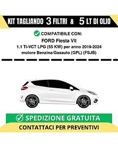 Tagliando per FORD Fiesta VII 1.1 Ti-VCT LPG 55 kw Benzina/Gasauto (GPL) 2019-2024 - 5 Lt di olio + 3 Filtri