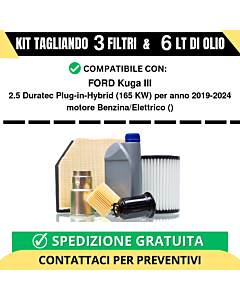 Tagliando per FORD Kuga III 2.5 Duratec Plug-in-Hybrid 165 kw Benzina/Elettrico 2019-2024 - 6 Lt di olio + 3 Filtri