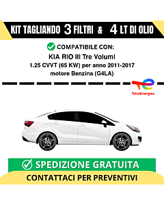 Tagliando per KIA RIO III Tre Volumi 1.25 CVVT 65 kw - 4 Lt di TOTAL + 3 Filtri anno 2011-2017