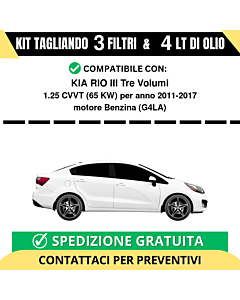 Tagliando per KIA RIO III Tre Volumi 1.25 CVVT 65 kw Benzina 2011-2017 - 4 Lt di olio + 3 Filtri