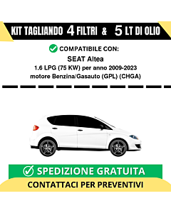 Tagliando per SEAT Altea 1.6 LPG 75 kw - 5 Lt di olio + 4 Filtri anno 2009-2023