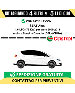 Tagliando per SEAT Altea 1.6 LPG 75 kw Benzina/Gasauto (GPL) 2009-2013 - 5 Lt di CASTROL + 4 Filtri