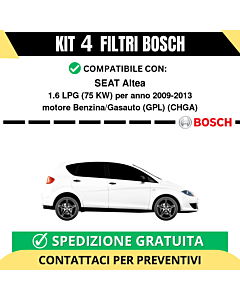 KIT BOSCH 4 Filtri tagliando per SEAT Altea 1.6 LPG 75 kw Benzina/Gasauto (GPL) 2009-2013