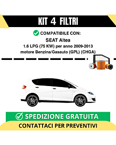 Kit 4 Filtri Tagliando per SEAT Altea 1.6 LPG 75 kw Benzina/Gasauto (GPL) 2009-2013