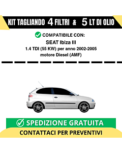 Tagliando per SEAT Ibiza III 1.4 TDI 55 kw Diesel 2002-2005 - 5 Lt di olio + 4 Filtri