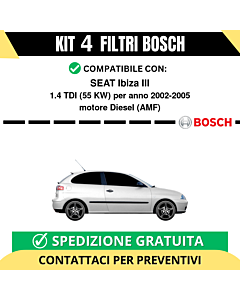 KIT BOSCH 4 Filtri tagliando per SEAT Ibiza III 1.4 TDI 55 kw Diesel 2002-2005