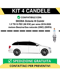 KIT 4 CANDELE per SKODA Octavia III Combi 1.5 TSI G-TEC 96 kw anno 2019-2020