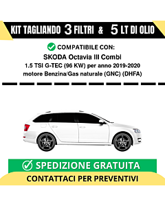 Tagliando per SKODA Octavia III Combi 1.5 TSI G-TEC 96 kw Benzina/Gas naturale (GNC) 2019-2020 - 5 Lt di olio + 3 Filtri