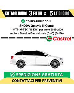 Tagliando per SKODA Octavia III Combi 1.5 TSI G-TEC 96 kw Benzina/Gas naturale (GNC) 2019-2020 - 5 Lt di CASTROL + 3 Filtri