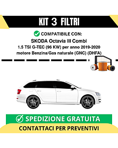 Kit 3 Filtri Tagliando per SKODA Octavia III Combi 1.5 TSI G-TEC 96 kw Benzina/Gas naturale (GNC) 2019-2020