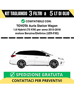 Tagliando per TOYOTA Auris Station Wagon 1.8 Hybrid 73 kw Benzina/Elettrico 2013-2018 - 5 Lt di olio + 3 Filtri