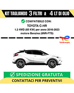 Tagliando per TOYOTA C-HR 1.2 4WD 85 kw - 4 Lt di TOTAL + 3 Filtri anno 2016-2023