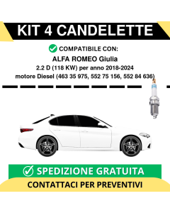KIT 4 CANDELETTE per ALFA ROMEO Giulia 2.2 D 118 kw anno 2018-2024