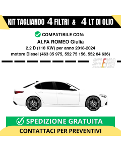 Tagliando per ALFA ROMEO Giulia 2.2 D 118 kw - 4 Lt di Selenia + 4 Filtri anno 2018-2024