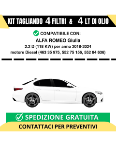 Tagliando per ALFA ROMEO Giulia 2.2 D 118 kw Diesel 2018-2024 - 4 Lt di olio + 4 Filtri