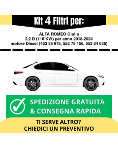 Kit 4 Filtri Tagliando per ALFA ROMEO Giulia 2.2 D 118 kw Diesel 2018-2024