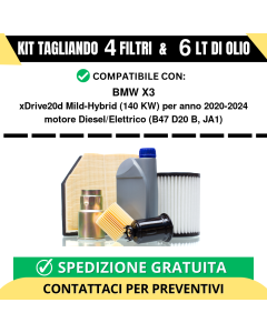 Tagliando per BMW X3 xDrive20d Mild-Hybrid 140 kw Diesel/Elettrico 2020-2024 - 6 Lt di olio + 4 Filtri
