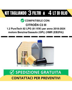 Tagliando per CITROËN C3 III 1.2 PureTech 82 LPG 61 kw Benzina/Gasauto (GPL) 2018-2024 - 4 Lt di olio + 3 Filtri