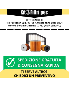 Kit 3 Filtri Tagliando per CITROËN C3 III 1.2 PureTech 82 LPG 61 kw Benzina/Gasauto (GPL) 2018-2024