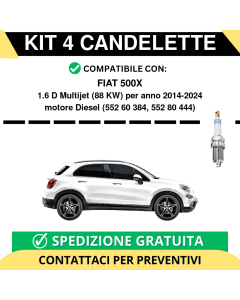 KIT 4 CANDELETTE per FIAT 500X 1.6 D Multijet 88 kw anno 2014-2024