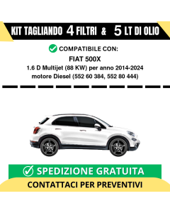 Tagliando per FIAT 500X 1.6 D Multijet 88 kw - 5 Lt di olio + 4 Filtri anno 2014-2024