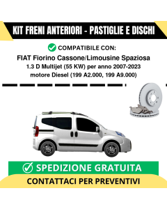 KIT FRENI ANTERIORI (Pastiglie e Dischi) per FIAT Fiorino Cassone/Limousine Spaziosa 1.3 D Multijet 55 kw anno 2007-2023