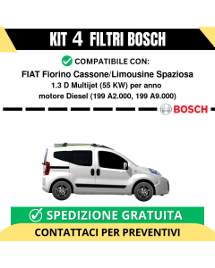 KIT BOSCH 4 Filtri tagliando per FIAT Fiorino Cassone/Limousine Spaziosa 1.3 D Multijet 55 kw Diesel 2007-2024