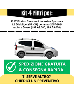 Kit 4 Filtri Tagliando per FIAT Fiorino Cassone/Limousine Spaziosa 1.3 D Multijet 55 kw Diesel 2007-2024