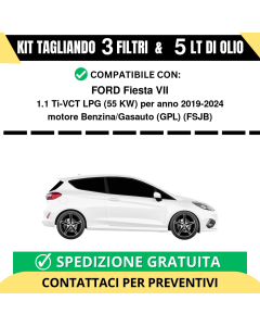 Tagliando per FORD Fiesta VII 1.1 Ti-VCT LPG 55 kw - 5 Lt di olio + 3 Filtri anno 2019-2024