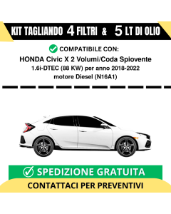 Tagliando per HONDA Civic X 2 Volumi/Coda Spiovente 1.6i-DTEC 88 kw - 5 Lt di olio + 4 Filtri anno 2018-2022