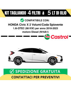 Tagliando per HONDA Civic X 2 Volumi/Coda Spiovente 1.6i-DTEC 88 kw Diesel 2018-2022 - 5 Lt di CASTROL + 4 Filtri