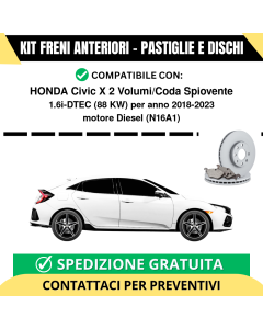 KIT FRENI ANTERIORI (Pastiglie e Dischi) per HONDA Civic X 2 Volumi/Coda Spiovente 1.6i-DTEC 88 kw anno 2018-2023