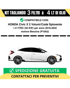 Tagliando per HONDA Civic X 2 Volumi/Coda Spiovente 1.0 VTEC 93 kw - 4 Lt di olio + 3 Filtri anno 2018-2022