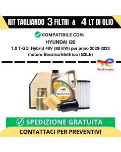 Tagliando per HYUNDAI i20 1.0 T-GDi Hybrid 48V 88 kw - 4 Lt di TOTAL + 3 Filtri anno 2020-2023