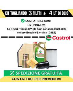 Tagliando per HYUNDAI i20 1.0 T-GDi Hybrid 48V 88 kw Benzina/Elettrico 2020-2024 - 4 Lt di CASTROL + 3 Filtri