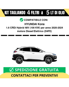 Tagliando per HYUNDAI Kona 1.6 CRDi Hybrid 48V 100 kw - 5 Lt di olio + 4 Filtri anno 2020-2024