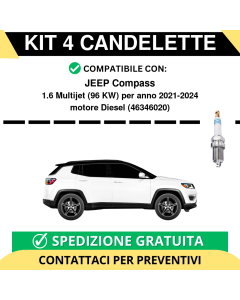 KIT 4 CANDELETTE per JEEP Compass 1.6 Multijet 96 kw anno 2021-2024