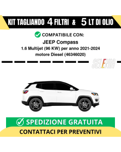Tagliando per JEEP Compass 1.6 Multijet 96 kw - 5 Lt di Selenia + 4 Filtri anno 2021-2024